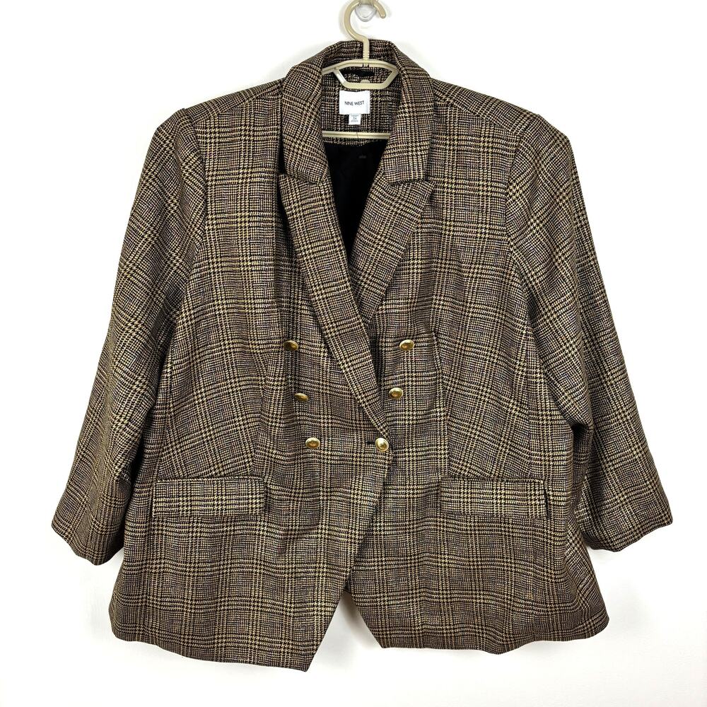 Nine West Double Breasted Blazer Jacket Brown Gold Metallic Plaid 3X NWOT NEW - Picture 2 of 14
